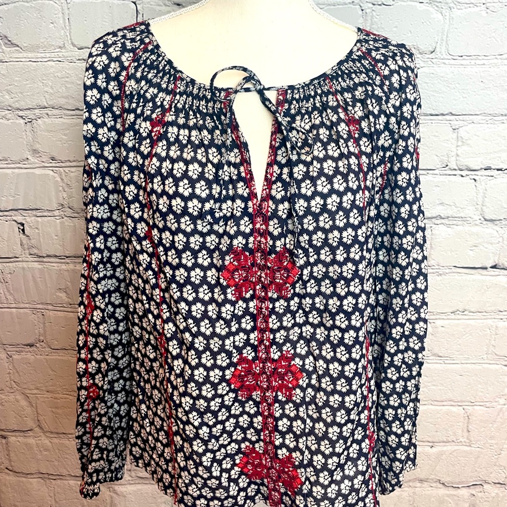 JCrew Blue & White Floral Blouse with Red Embroidery Detail